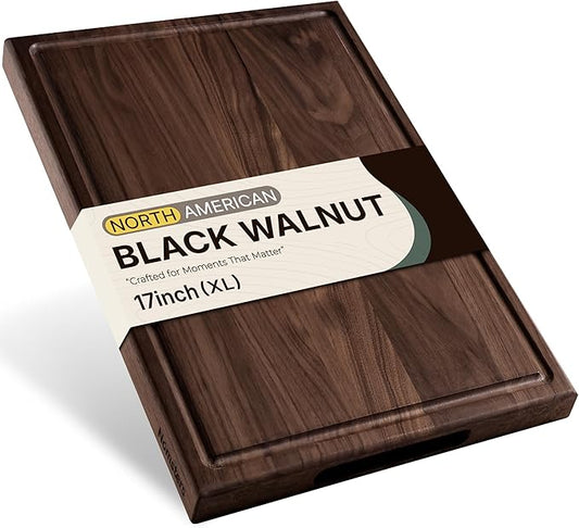 Luxury American Black Walnut Wood Cutting Boards for Kitchen, 17 Inch Reversible Wooden Cutting Board, Handcraft Solid Hardwood End Grain Charcuterie Board Butcher Block Made in USA Kitchen Gift