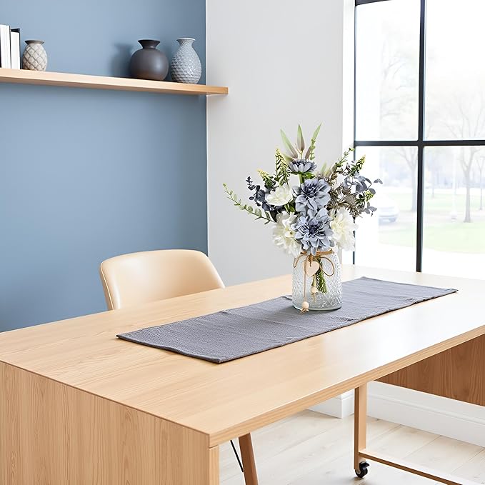 Artificial Flowers with Vase, Faux Dahlia Flower Arrangement in Glass Vase, Blue and White Silk Flowers with Eucalyptus for Home Office Kitchen Dining Table Centerpiece Decor