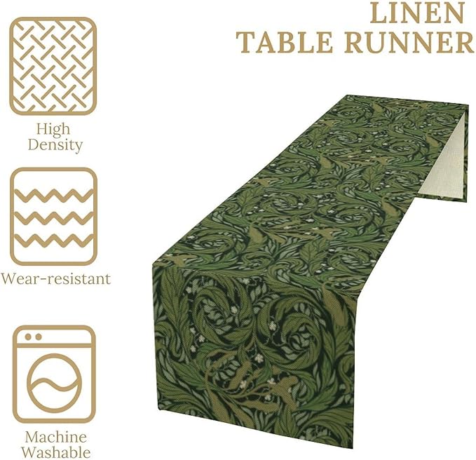 William Morris Table Runner,Vintage Boho Green Botanical Leaves Print Decor Table Runner for Home Indoor Outdoor Kitchen Holiday Birthday Party Wedding Decor 13x120 Inch