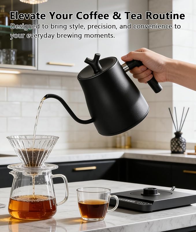 Gooseneck Electric Kettle, 1.0L Pour Over Coffee Kettle with Variable Temperature Control, 1200W Fast Heating, Keep Warm, 100% Stainless Steel Interior, Matte Black