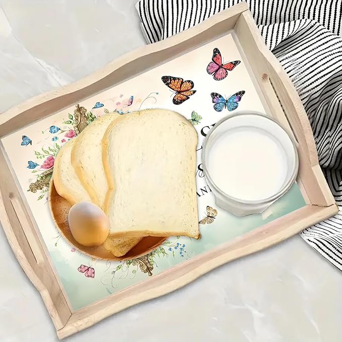 BAYUNOE DIY Diamond Serving Tray Rectangular Breakfast Tray with Handle Handmade Diamond Art Painting Wooden Tray Spring Creative Dinner Plate Coffee Room Living Home Organizer-Flower Cross