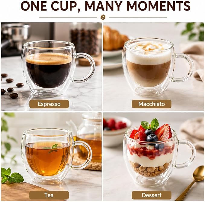 2.5oz Espresso Cups Set of 6, Small Expresso Shot Glass, Clear Expresso Coffee Cup with Handle, Double Wall Insulated Espresso Mugs,Tazas De Cafe Expreso, Suif for Espresso Machine Accessories