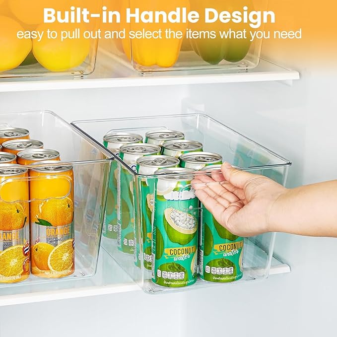 Transparent plastic storage box with lid and handle, stackable kitchen organizer for refrigerator, cabinet, pantry, bathroom, and office (Tea color (without lid), S)