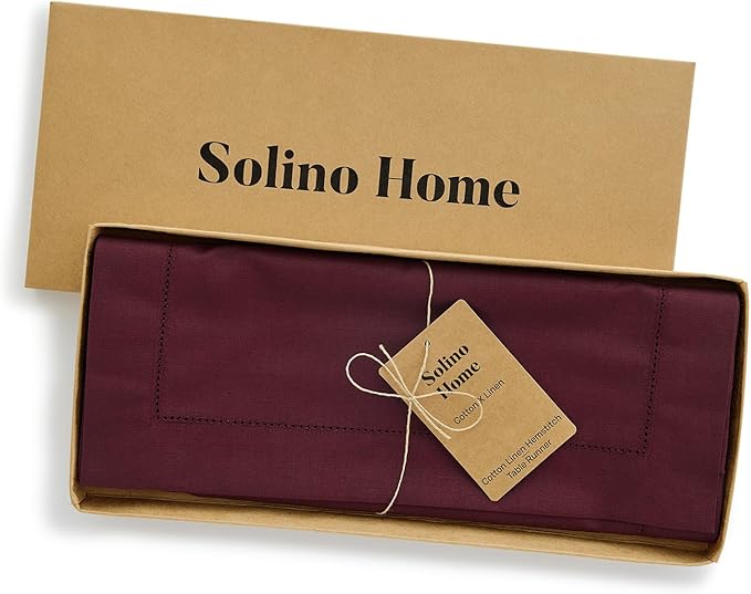Solino Home Wine Hemstitch Table Runner 60 Inches - Cotton Linen Small Table Runner 14 x 60 Inch Ideal for Dresser and Coffee Tables