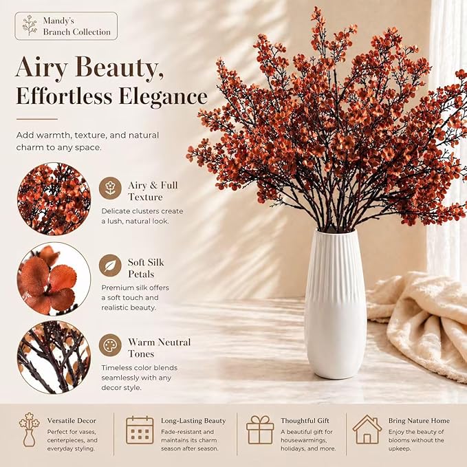 Mandy's Burnt Orange Artificial Baby’s Breath Flowers 15 Bundles Silk Gypsophila, 18.5 Inch European Style Modern Home Decor Centerpiece, Neutral Wedding Flower Arrangements