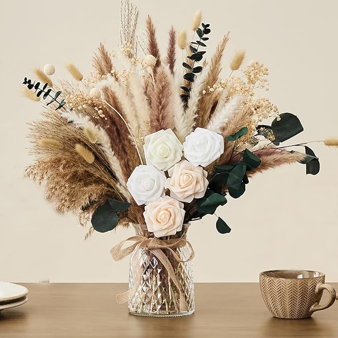 Wracra 100pcs Artificial Flowers in Vase, Fake Flowers Arrangement with Vase, Dried Pampas Grass Floral Centerpieces for Home Office Decoration, Farmhouse Kitchen Dining Table Decor