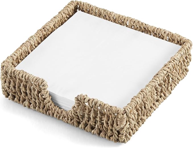 Napkin Holder for Table, Woven Seagrass Napkin Holders For Paper Napkins, Wicker Napkin Holders for Kitchen Dinner Table Boho Decor and Accessories, Square Napkin Basket and Serving Tray