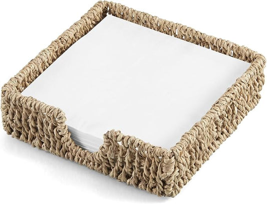 Napkin Holder for Table, Woven Seagrass Napkin Holders For Paper Napkins, Wicker Napkin Holders for Kitchen Dinner Table Boho Decor and Accessories, Square Napkin Basket and Serving Tray