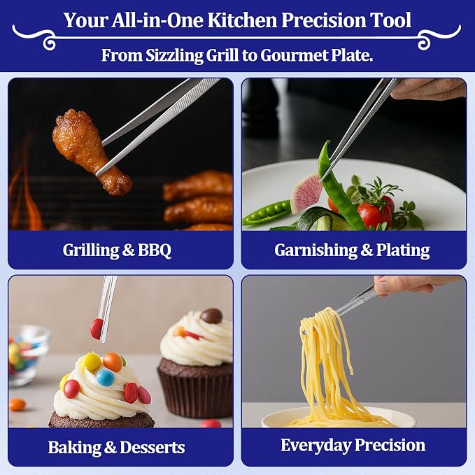 12-inch Stainless Steel Cooking Tongs & Tweezers, Non-Slip Grip & Serrated Tips for Grilling, Baking, Garnishing, BBQ, Kitchen & Craft Use (Straight Tip & Round Tip)