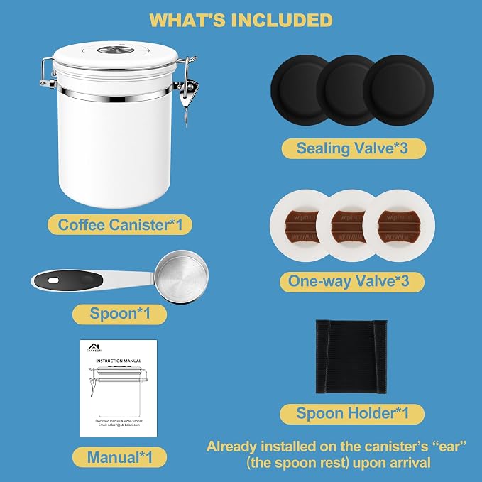 ShanSon Coffee Canister Airtight, Stainless Steel Bean Storage Container with Date Tracker & Scoop, Grounds Sugar Flour Tea Cereal Fits Kitchen Pantry, Ideal Gift for Coffee Lovers,22oz, White