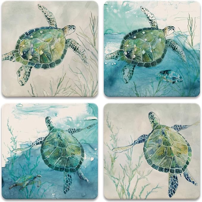 Sea Turtle Drink Coasters, Absorbent Self Drying Absorbent Coasters for Hot or Cold Drinks - Coastal Theme