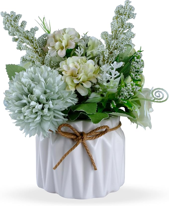 Artificial Potted Flowers, Small Ceramic Vase Fake Flower Plants Desktop Decoration Indoor for Home and Office, Faux Flowers Hydrangea Decora for Table,Bookshelf,Bedroom,Living Room,Party.(Green)