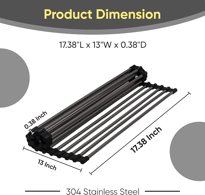 Strictly Sinks Stainless Steel Roll Up Dish Drying Rack – Black 17 Inch Over The Sink Drying Rack Ideal for Workstation Sinks Only – Multipurpose Foldable Kitchen Dish Rack (17-3/8″ x 13″ x 3/8″)
