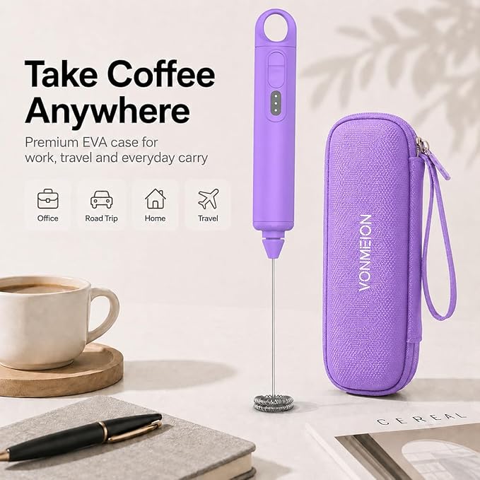 Rechargeable Milk Frother Handheld 3 Speed Coffee Foamer [3 Whisk] Electric Drink Mixer for Latte, Cappuccino, Coffee, Eggs, Hot Chocolate, Purple