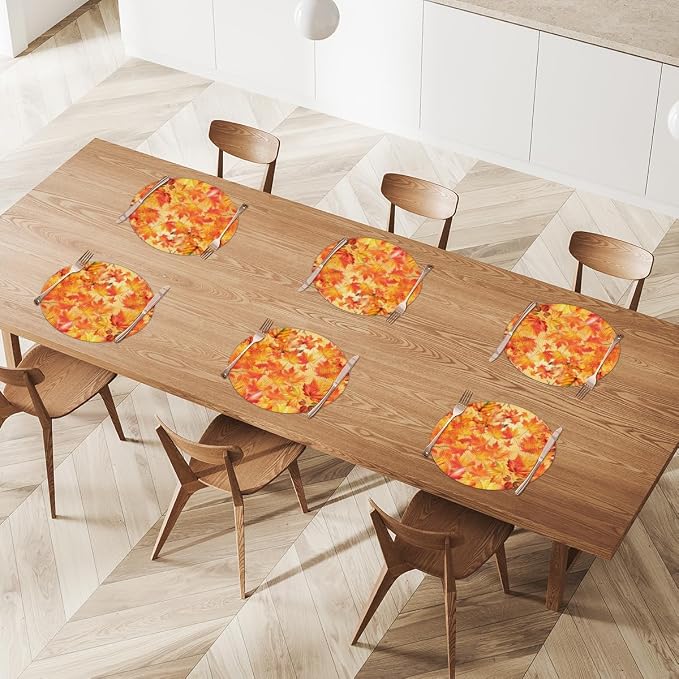 Round Placemats Set of 6, Autumn Maple Leaves Woven Placemats Mats Non-Slip Heat Resistant Washable Table Mats Round Braided Place for Farmhouse Kitchen Dining Party Decor 15in-2