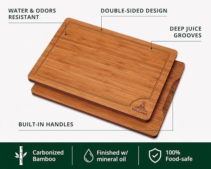 3-Piece Bamboo Cutting Board Set with Holder, Deep Juice Groove, Wooden Chopping Boards for Kitchen, Meat, Vegetables, Cheese & Bread