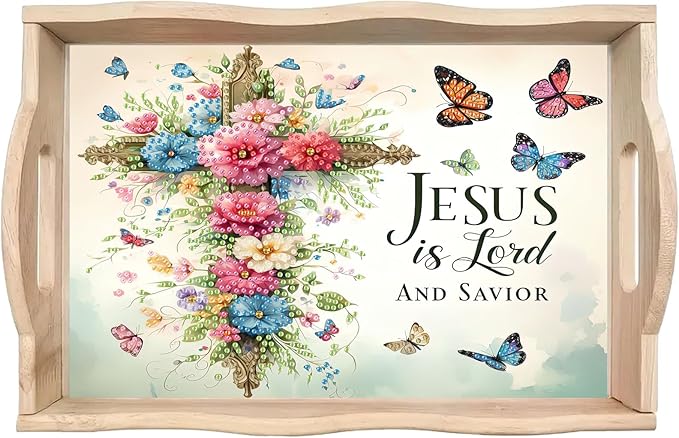 BAYUNOE DIY Diamond Serving Tray Rectangular Breakfast Tray with Handle Handmade Diamond Art Painting Wooden Tray Spring Creative Dinner Plate Coffee Room Living Home Organizer-Flower Cross