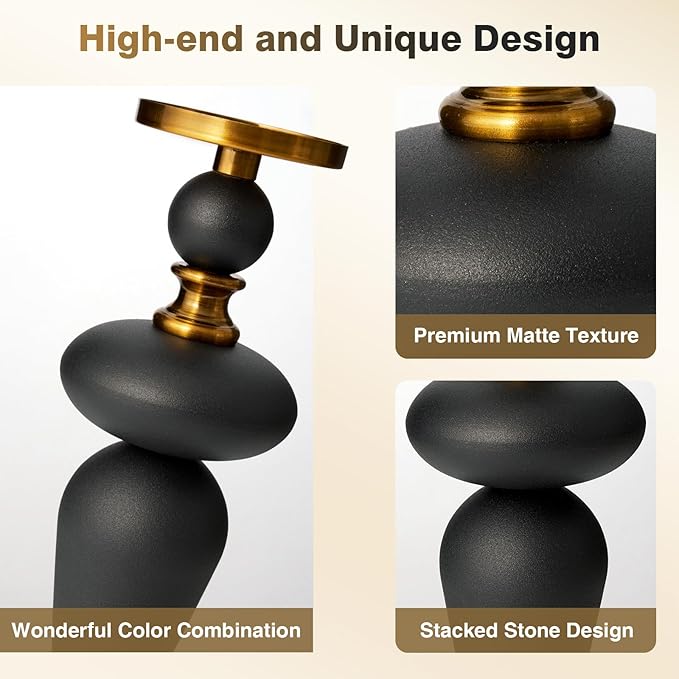 Taper Metal Candle Holder for Modern Vintage Luxury Decor, Matte Black & Antique Brass Iron Pillar Candle Stick Holder for Dining Table, Mantel Decor, Housewarming Gift