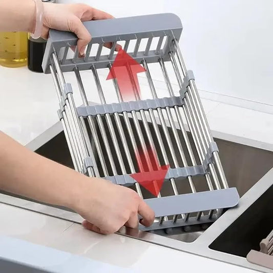 Extendable Stainless Steel Kitchen Sink Drain Basket, Retractable Dish Drying Rack, Over The Sink Drainer, Space-Saving Stainless Drain Rack, Extended/Adjustable for Dishes, Fruits, Vegetables, Large