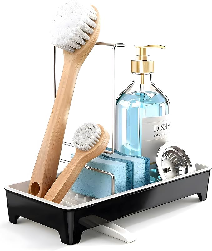 Minimalist Sink Caddy, Rustproof Sponge Holder for Kitchen Sink with 304 Stainless-Steel Brush Holder, Countertop Rack Organizer with Raised Ridges & Silicone Drain Tube (Black, Large)