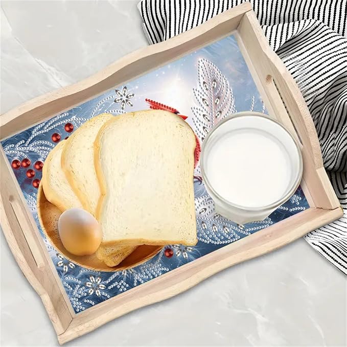DIY Diamond Serving Tray with Handle Handmade Diamond Art Painting Wooden Rectangular Breakfast Tray for Dinner Plate Coffee Room Living Home Organizer-Cardinal02