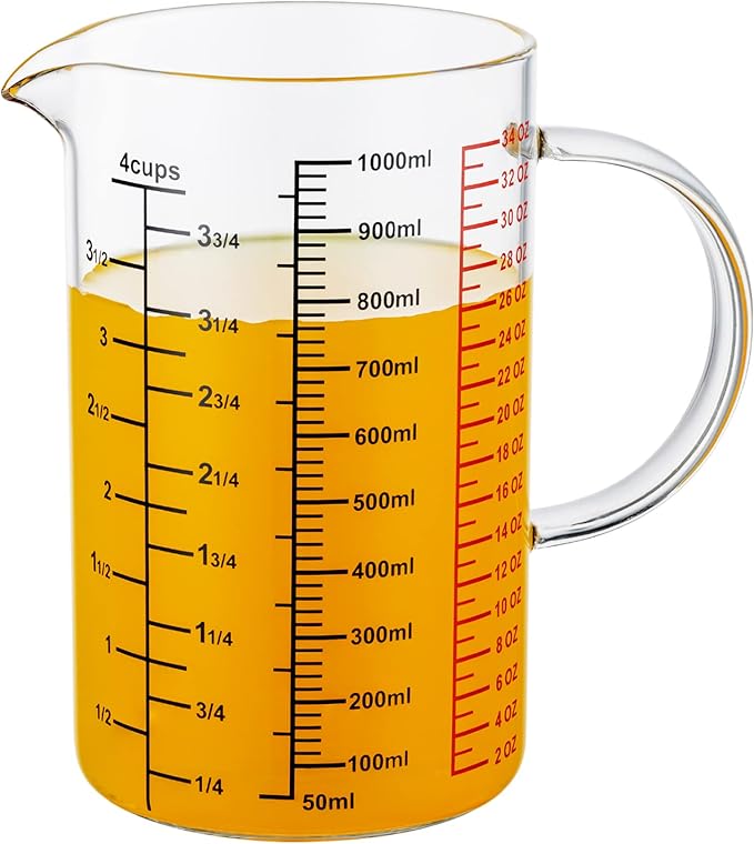 Ackers BORO3.3 Glass Measuring Cup-[Insulated handle | V-Shaped Spout]-Made of High Borosilicate Glass Measuring Cup for Kitchen or Restaurant, Easy to Read, 1000 ML (32 Oz, 4 Cup)