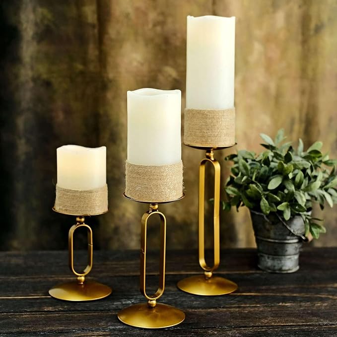 Efavormart Set of 3 | Gold Metal Geometric Oval Design Pillar Candle Holder Stands, Candle Centerpieces - Assorted Sizes