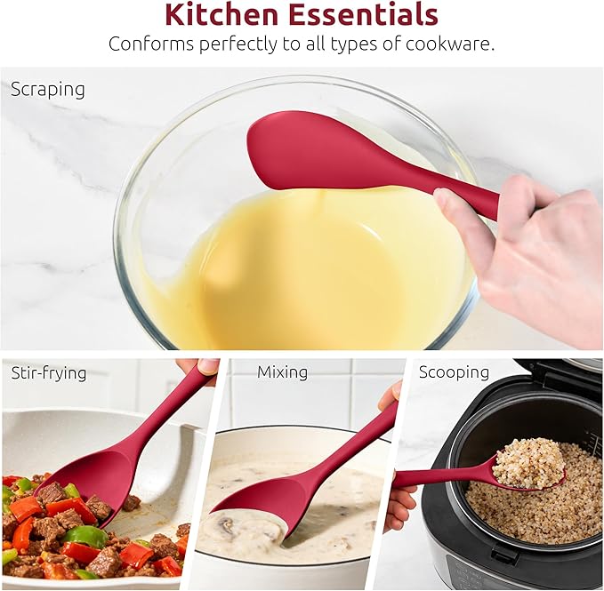 600ºF Heat Resistant Spatula Spoon: U-Taste Flexible Silicone Cooking Scoop Spoonula, Serving Mixing Scraping Food in Non-Stick Pan Cookware, Seamless Multifunctional Kitchen Utensil (Red)