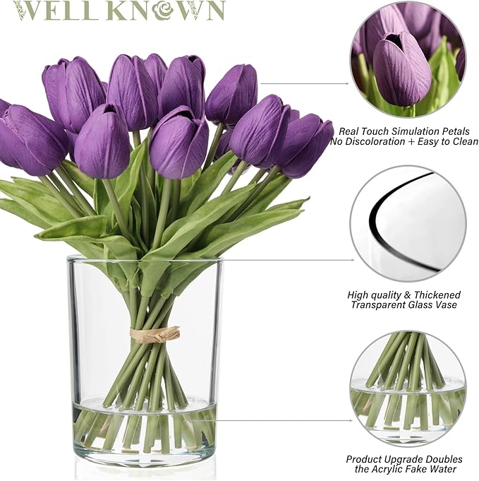 WELL KNOWN 20 Pcs Tulips Artificial Flowers in Vase, Real Touch Fake Purple Tulips Flowers with Glass Vase & Fake Water, Flower Arrangement Centerpiece for Wedding Party Dining Table Home Decor & Gift