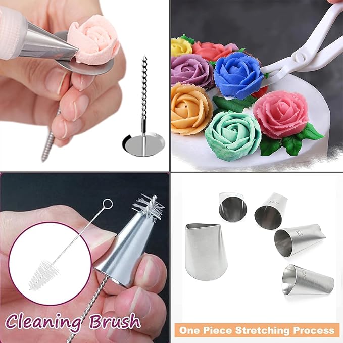 23Pcs Cake Decorating Tools Set, Stainless Steel Rose & Petal Icing Piping Tips with Flower Nails, Flower Lifters, Brush, Piping Bags and Pastry Bag Ties for Cake Cupcake Fondant Cookie Baking