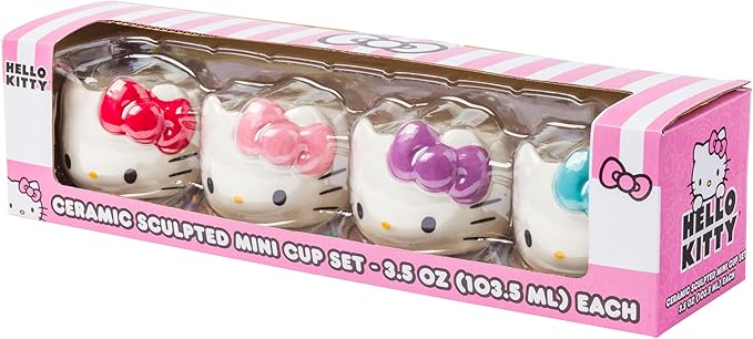 Silver Buffalo Sanrio Hello Kitty Different Color Bows 4 Pack Ceramic 3D Sculpted Mini Cup Set, Perfect as a Sugar, Cream, or Milk Set, 3.5 Ounces