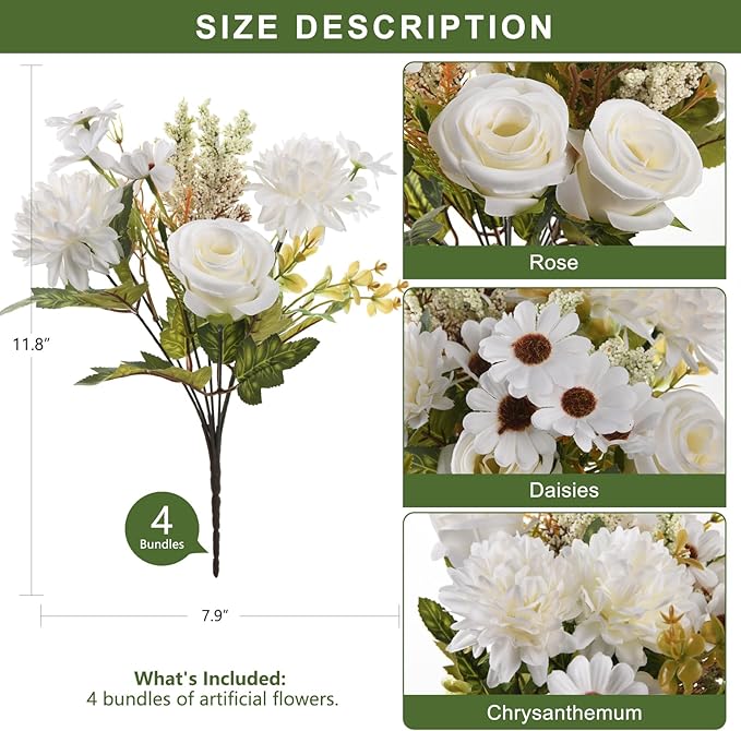 Artificial Fake Flowers for Spring Decoration, 4 Pcs Faux Silk Flower Arrangements Centerpiece for table with Chrysanthemum Rose Daisy Floral Bouquets Office Wedding Patio Porch Indoor Home Decor
