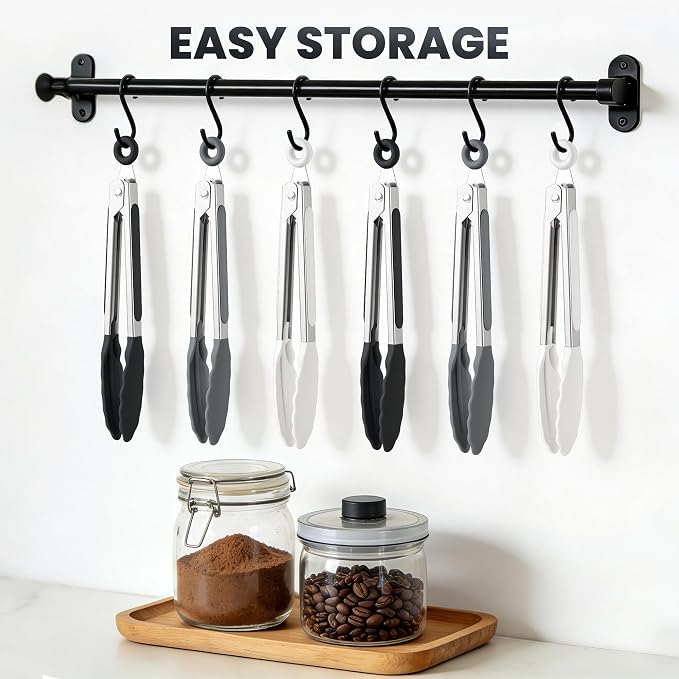 7-Inch Silicone Tongs Pack of 6, Small Stainless Steel Tongs with Silicone Tips for Cooking, Serving, BBQ, Grilling, Salad, Buffet, Party (7", Black/Gray/White)
