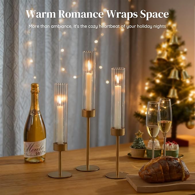 Glasseam Tapered Gold Candlestick Holders: 6 Pcs Tall Brass Taper Candle Holder with Ribbed Glass Cylinder - Hurricane Fluted Candle Holders for Table Centerpiece Wedding Party Christmas Decorations