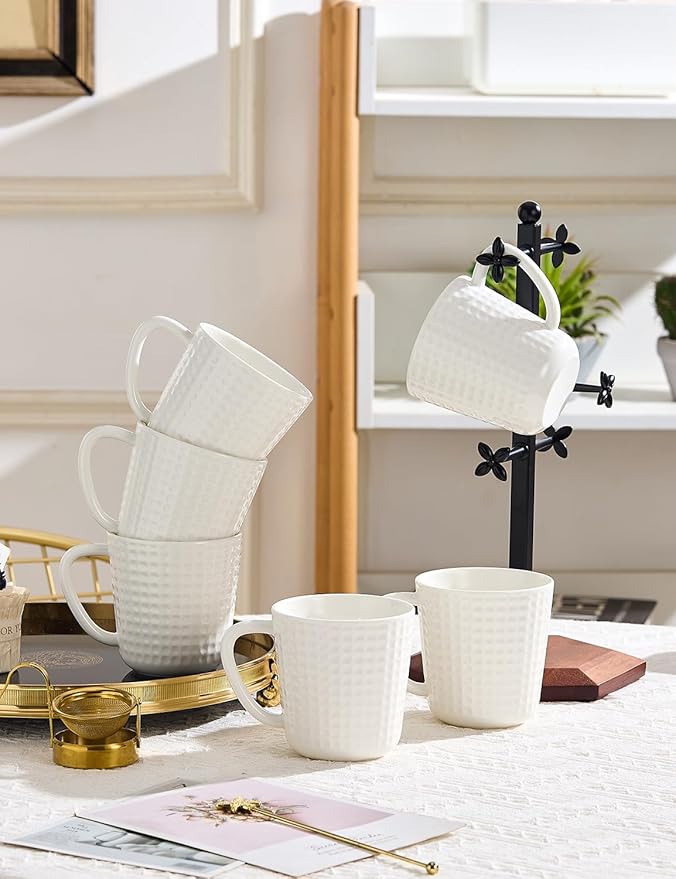 15 oz Ceramic Coffee Mugs Set of 6 - White Waffle Embossed Coffee Cups with Large Handle - Mugs for Latte, Cappuccino & Hot Cocoa - Dishwasher & Microwave Safe - Father's Day & Housewarming Gift