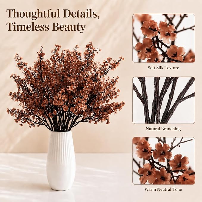 Mandy's Brown Artificial Baby’s Breath Flowers 6 Bundles Silk Gypsophila, 18.5 Inch European Style Modern Home Decor Centerpiece, Neutral Wedding Flower Arrangements