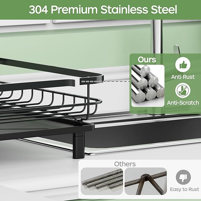 ROTTOGOON Dish Drying Rack, Stainless Steel Rustproof Dish Rack for Kitchen Counter, Sturdy Dish Drainer with Drainboard, Drainage, Utensil Holder for Various Kitchenware, 16.2"(L) x 12.6"(W), Black