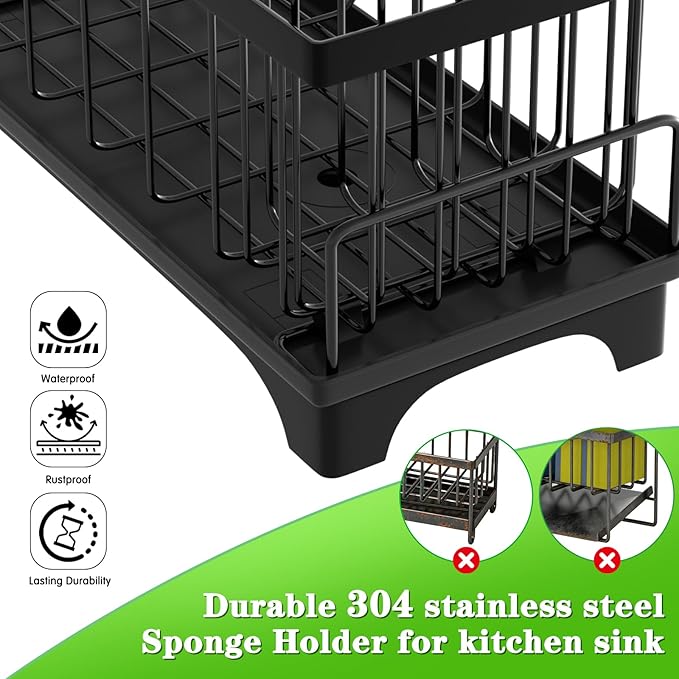 VOOWO Sponge Holder for Kitchen Sink, Compact Sink Caddy with Detachable Brush Holder and Towel Rack, Stainless Steel Kitchen Sink Organizer for Dish Sponge, Soap Dispenser Storage Accessories (Black)