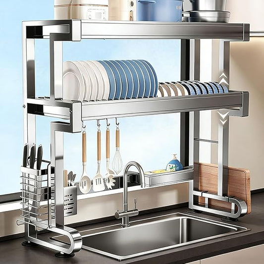 304 Stainless Steel Over The Sink Dish Drying Rack, 1/2 Tier Multifunctional Countertop Dish Storage Rack Sink for Countertop Storage(Double Layer,96cm/37.7in)