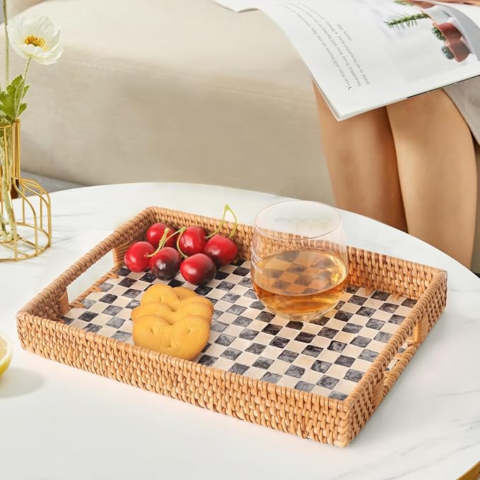 Rectangle Rattan Tray with Mother of Pearl Inlay, Rattan Serving Tray with Handle for Coffee, Bread, Fruits, Snacks, Decorative Wicker Tray for Table Decor (Black Checkerboard, 13"×9")