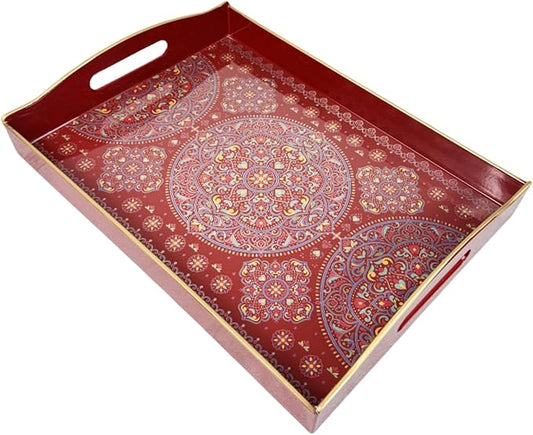 Boho Red Decorative Tray, Serving Tray with Handles, Plastic Tray for Coffee Table, Ottoman - Ideal for Living Room & Bathroom. 15” x 11” x 2.5”