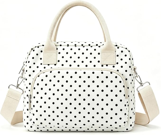 Insulated Lunch Bag for Women, Cute Polka Dot Large Capacity Leakproof Portable Thermal Lunch Box with Adjustable Shoulder Strap, Reusable Cooler Lunchbox Tote for Work Office Travel Picnic, White