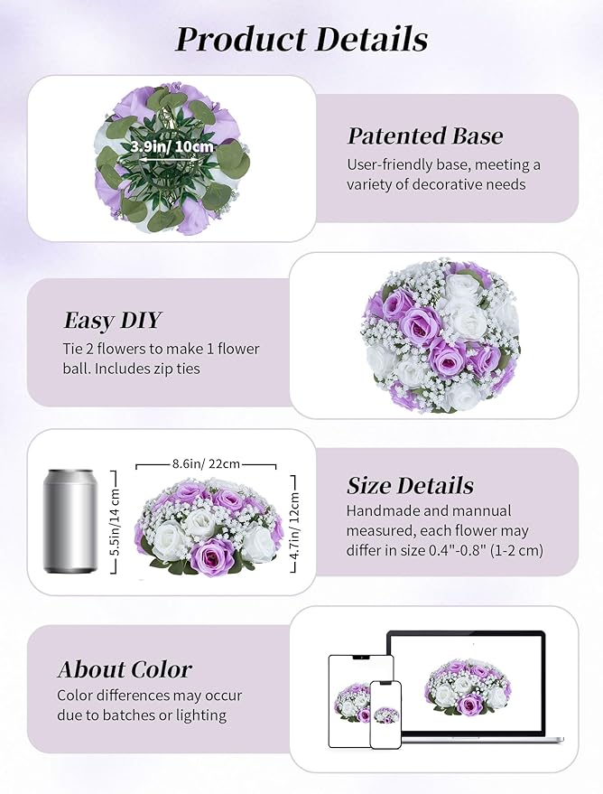 BLOSMON Fake Flowers Ball Centerpieces: 2 Pcs Lilac Rose Babys Breath Artificial Flowers Decoration for Wedding Table - Faux Silk Kissing Floral Bouquet Arrangements for Home Party DIY Decor