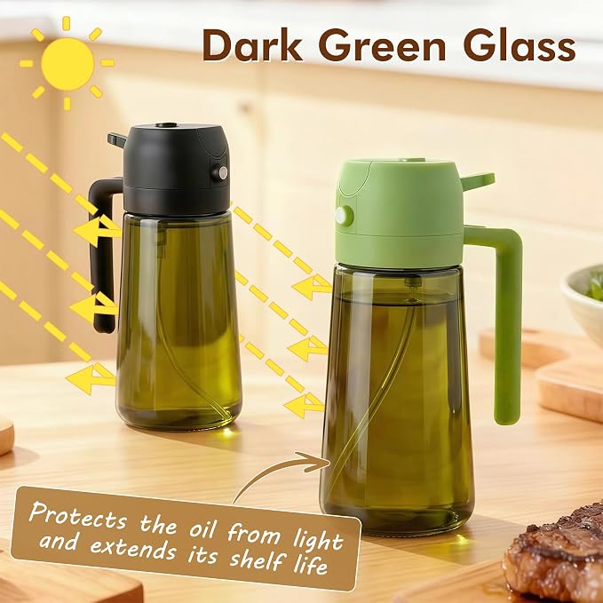 Poshetion 2 in 1 Olive Oil Sprayer for Cooking, 16oz Light-Proof Oil Dispenser for Kitchen, Leak-Proof Oil Spray Bottle for Air Fryer, Salad, BBQ, Baking, Grilling - Black & Green