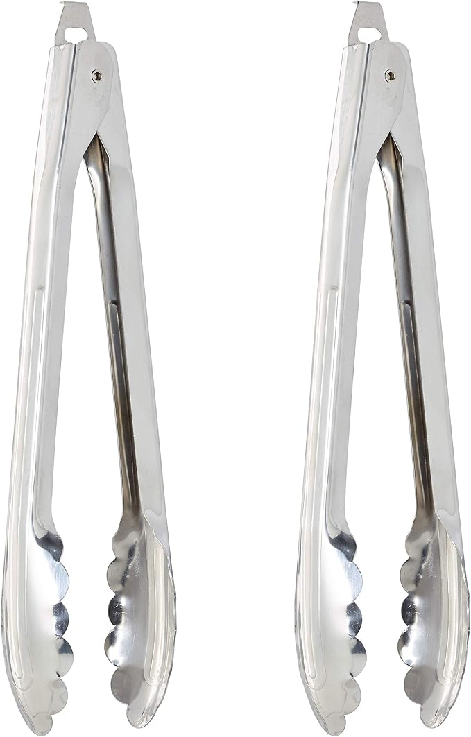HIC Kitchen Spring Locking Kitchen Cooking Serving Food Barbecue Tongs, Scalloped Gripping Edge, Stainless Steel, 12-Inch, Set of 2
