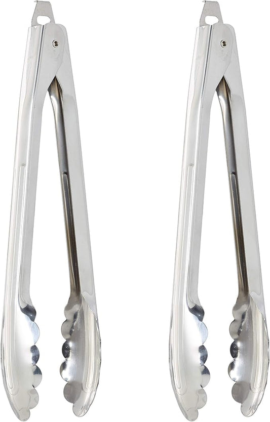 HIC Kitchen Spring Locking Kitchen Cooking Serving Food Barbecue Tongs, Scalloped Gripping Edge, Stainless Steel, 12-Inch, Set of 2