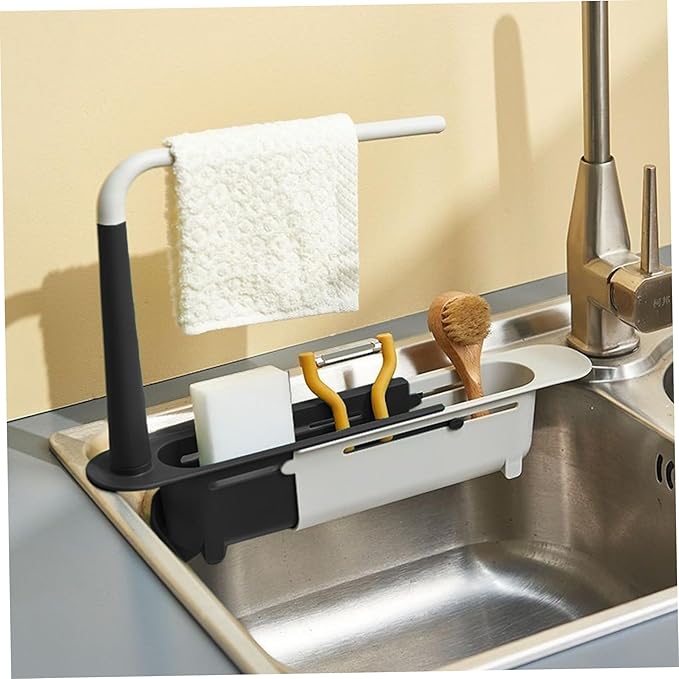 Dish Rack Over Sink, Telescopic Over-Sink Dish Drying Rack with Tray & Sponge Holder, Adjustable Drain Basket Organizer with Dishcloth Hanger for Home, Black