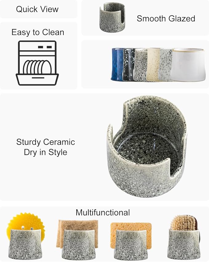 Zoeeker Kitchen Sponge Holder, Ceramic Dish Sponge Holder Scrubby Daddy Farmhouse Dish Rack Brush Holder for Bathroom, Kitchen, Sink, Special Gray