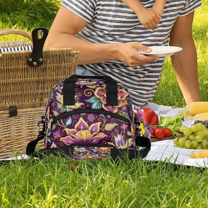 Pardick Ethnic Flower Purple Insulated Lunch Bag for Women Girl Reusable Lunch Tote Box With Shoulder Strap Lightweight Thermal Cooler Meal Prep Bag for Work School Office Picnic