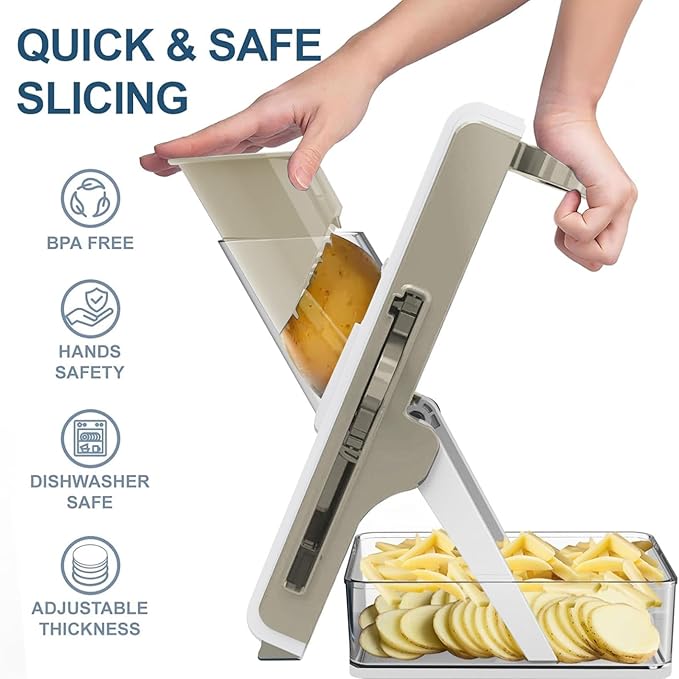 Eletronova Safe Mandoline Slicer for Kitchen, Vegetable Slicer for Kitchen，Kitchen Food Slicer, French Fry Cutter Julienne Dicer for Vegetables Grey (White & Green) (White & Light Gray)